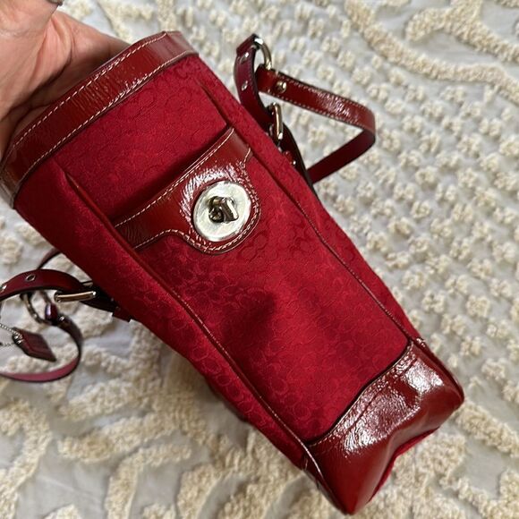 Coach Galaxy Tote Signature Canvas Red Silver Hardware Bag Purse - Picture 5 of 15